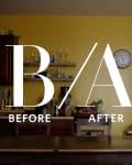 Kitchen with yellow wall, wooden cabinets, shelves with glassware, and a clock. Text overlay: "Before/After."