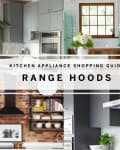 Collage of modern kitchens featuring various range hood styles and designs.