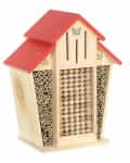 Wooden insect house with red roof, bamboo tubes, and butterfly engravings.