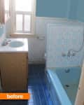 Small bathroom with blue bathtub, patterned tiles, wooden vanity, and blue floor tiles, labeled "before."