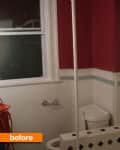 Small bathroom with red walls, white trim, a window, and a toilet. Orange "before" label in the corner.