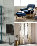 Teal metal bookshelf with decor, blue armchair with ottoman, and patterned curtains in a modern living space.
