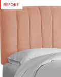 Peach velvet headboard with vertical tufting behind white bedding.