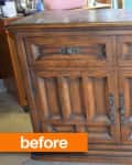Wooden sideboard with ornate handles and two drawers, labeled "before."
