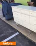 Cream-colored dresser with nine drawers and gold handles on a sidewalk, labeled "before."