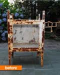 Rusty metal cabinet with peeling paint, set on a patio with hydrangeas in the background.