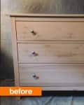 Three-drawer wooden dresser with round knobs labeled "before" in orange.