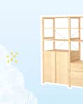 Wooden shelving unit with cabinets and drawers on a light blue patterned background.