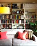 Gray sofa with red pillows in front of a large bookshelf filled with books, a floor lamp, and a potted plant.