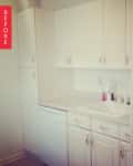 White kitchen with cabinets, fridge, dishwasher, and sink, labeled "Before" in red.