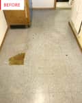 Dirty kitchen floor with stains and debris, labeled "Before" in red text.