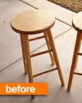 Two wooden bar stools on a concrete patio with a "before" label.