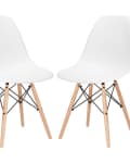 Two modern white chairs with wooden legs and black metal supports.