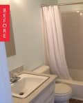 Small bathroom with a white sink, toilet, and bathtub with a shower curtain. Beige tiled walls and a "Before" label.