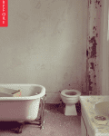 Old bathroom with a clawfoot tub, peeling walls, and a toilet.