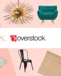 Wayfair vs. Overstock comparison with furniture and decor items like a teal chair, black lamp, and gold chandelier.