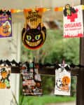 Halloween-themed cards and decorations hanging on a window, featuring pumpkins, bats, and festive messages.