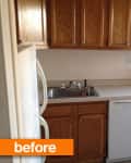 Small kitchen with wooden cabinets, white appliances, and a gas stove. Orange "before" label in the corner.