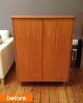 Wooden cabinet with closed doors on a wooden floor, labeled "before."
