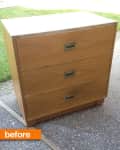 Wooden three-drawer dresser on a concrete patio, labeled "before."