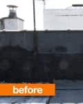 Rooftop area with black wall, bags of soil, and a potted plant, labeled "before."