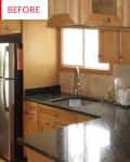 Before: black countertops surrounded by light wood cabinets in a basic kitchen