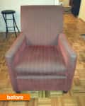 Brown upholstered armchair with vertical stripes on a parquet floor, labeled "before."