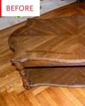Wooden coffee table with curved edges and lower shelf on hardwood floor, labeled "Before" in the top left corner.