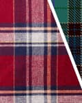 Split image of two plaid patterns: red with navy and white stripes on the left, green with blue and black stripes on the right.