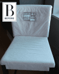 White chair with a price tag of $20, labeled "Before," against a dark wall.