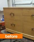Wooden dresser with six drawers and metal handles, labeled "before."
