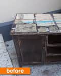 Worn wooden cabinet with peeling paint and missing drawers on a tiled patio, labeled "before."