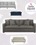 Various sofas in different colors and styles, including gray, yellow, teal, and brown, with "Sofa Squad" text.