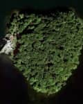 Aerial view of a heart-shaped island covered in dense green forest with a small building on the edge.