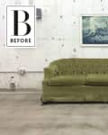 Olive green tufted sofa in front of a white brick wall with a nautical painting.