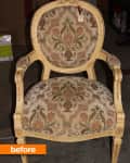 Ornate vintage armchair with floral upholstery and carved wooden frame, labeled "before" in orange text.