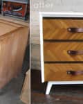 Wooden dresser transformation with chevron-patterned drawers and leather handles, before and after comparison.