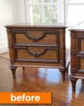 Two vintage wooden nightstands with ornate drawer designs on a hardwood floor, labeled "before."