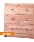 Three-drawer natural wood dresser with round knobs, labeled "before."