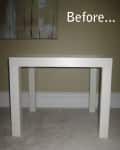 Plain white table against a beige wall with "Before..." text.