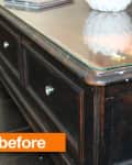 Dark wooden coffee table with glass top, red book, and "before" label in orange.