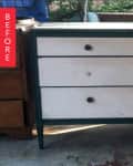 Worn white dresser with black knobs and green trim, labeled "Before."