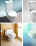 Four modern toilet designs in different settings, including wall-mounted and floor models.