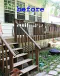 Child on wooden deck stairs with railing, text "before" above.