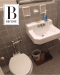 Small bathroom with gray tile walls, white sink, toilet, and a shower with glass doors. Cleaning supplies under sink.