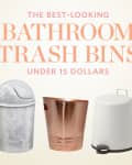 Five bathroom trash bins in various styles and colors, including yellow, silver, copper, white, and wicker.