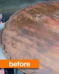 Round wooden table with worn finish and a sanding block on top, labeled "before."