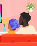 Couple on red sofa watching colorful TV, with popcorn, plants, and pink wall decor.
