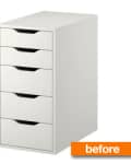 White five-drawer storage unit with black handles, labeled "before" in orange.