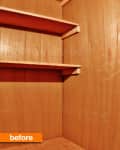 Empty wooden closet with three shelves and a "before" label.